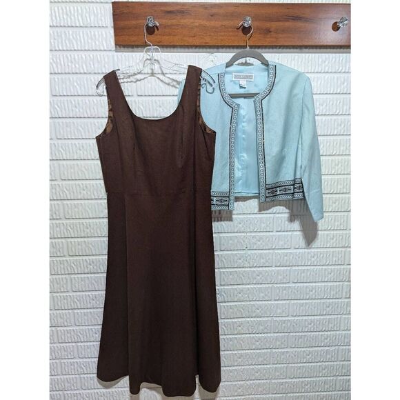Jessica Howard Women's Brown & Aqua Linen Blend Maxi Dress & Blazer 2PC Set Size - Picture 2 of 7